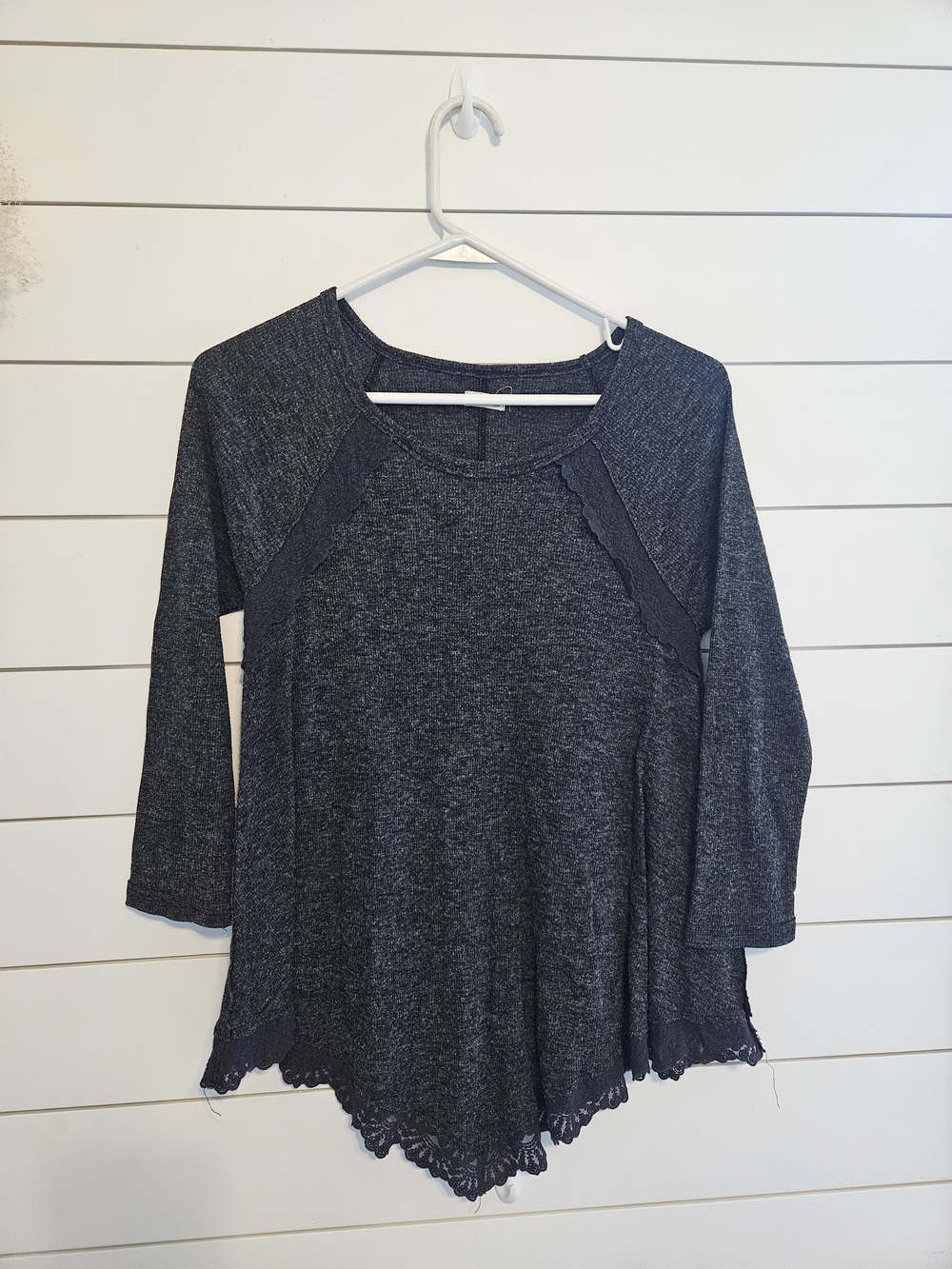 Aeropostale Charcoal Scoop Neck Lace-Hem Long Sleeve Top